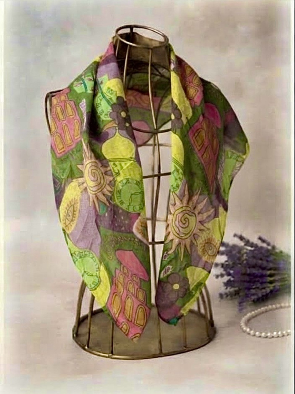 Vintage Eclectic Artsy Print Lightweight Wrap Scarf Abstract Time Clocks